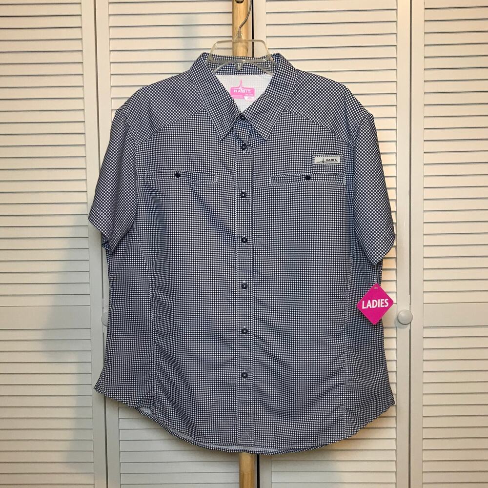 NWT Habit Check Style Collared Short-Sleeve Fishing Shirt Women 2XL